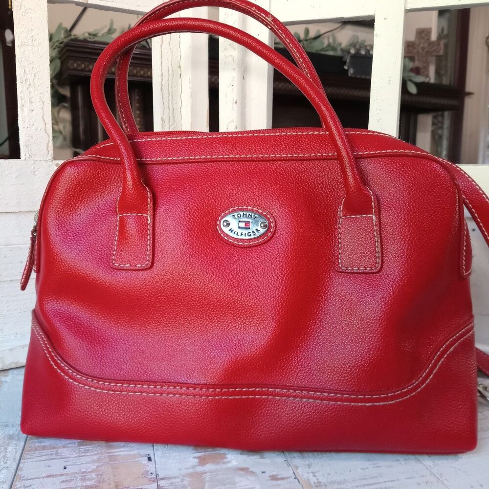 Y2K Tommy Hilfiger Vintage Bowler Bowling Structured Dome Satchel Red Vegan Med
